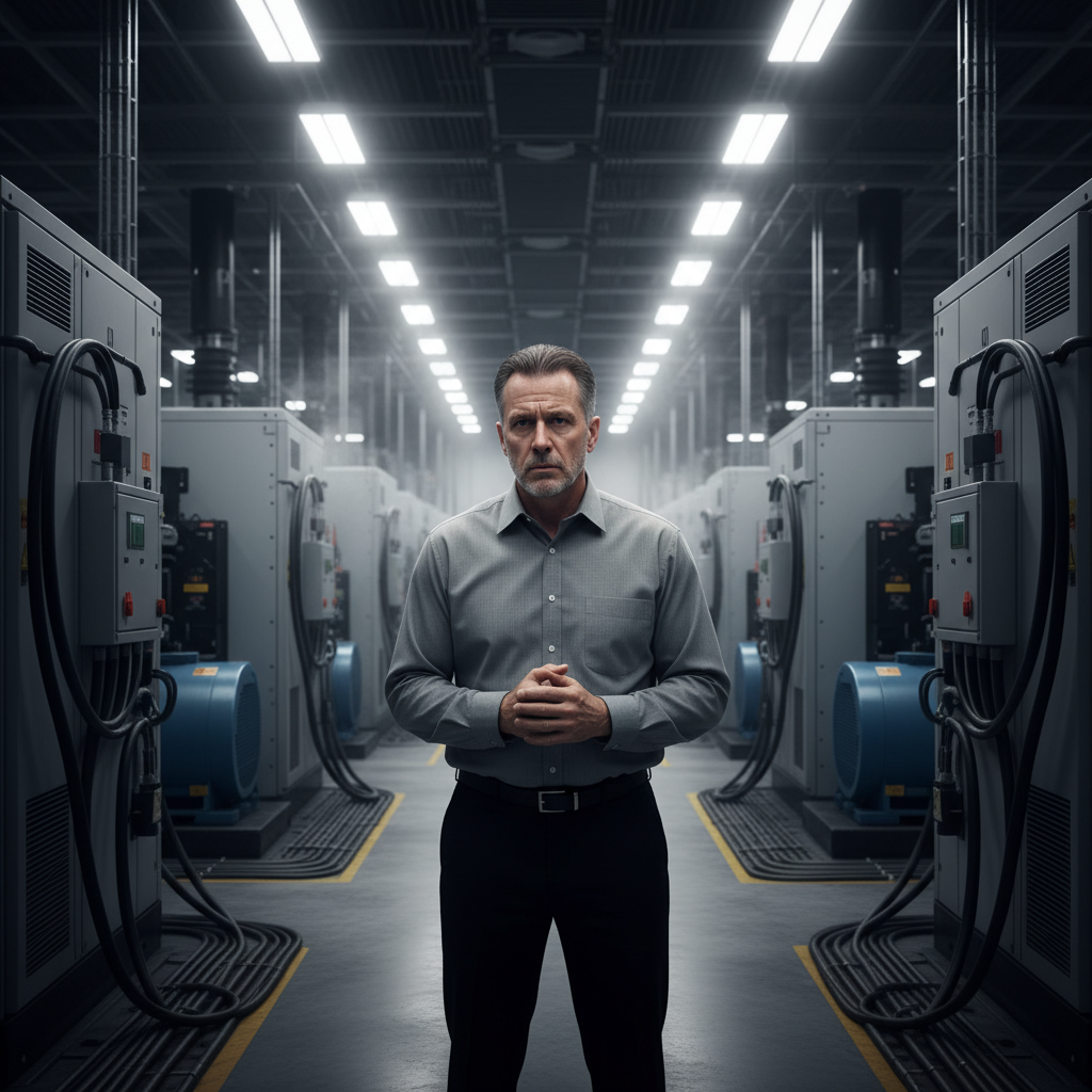 Facility manager in data center with generators, appearing concerned.