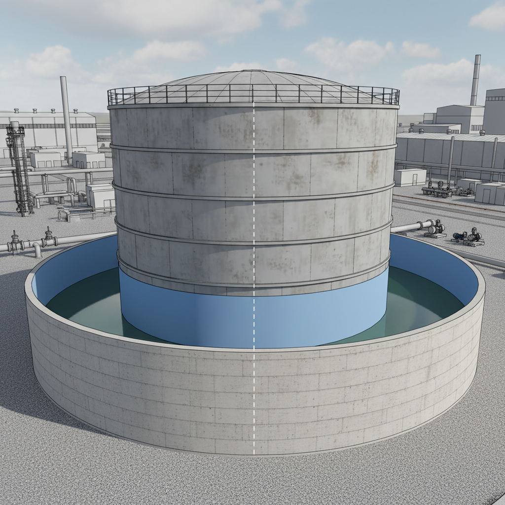 Image of large storage tank with secondary containment structure and labels.