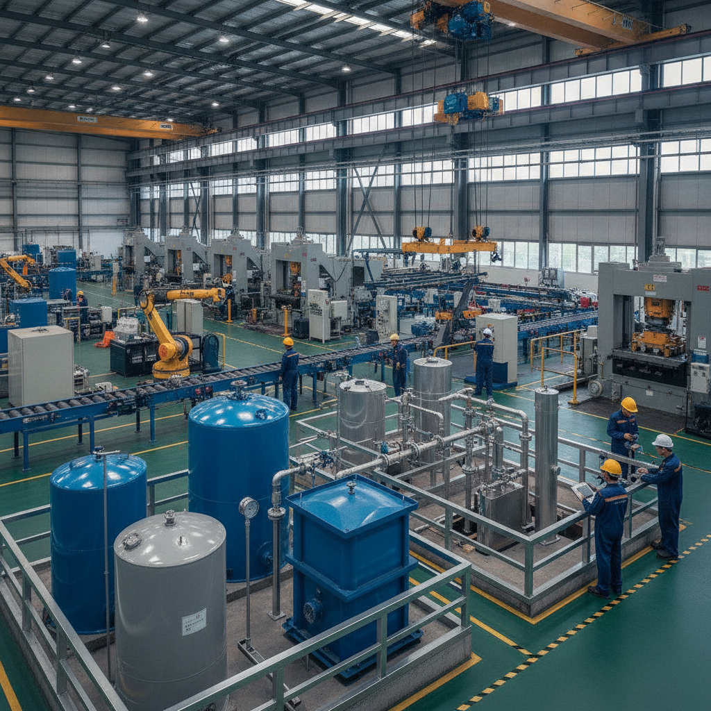 Manufacturing facility with oil containers and machinery.
