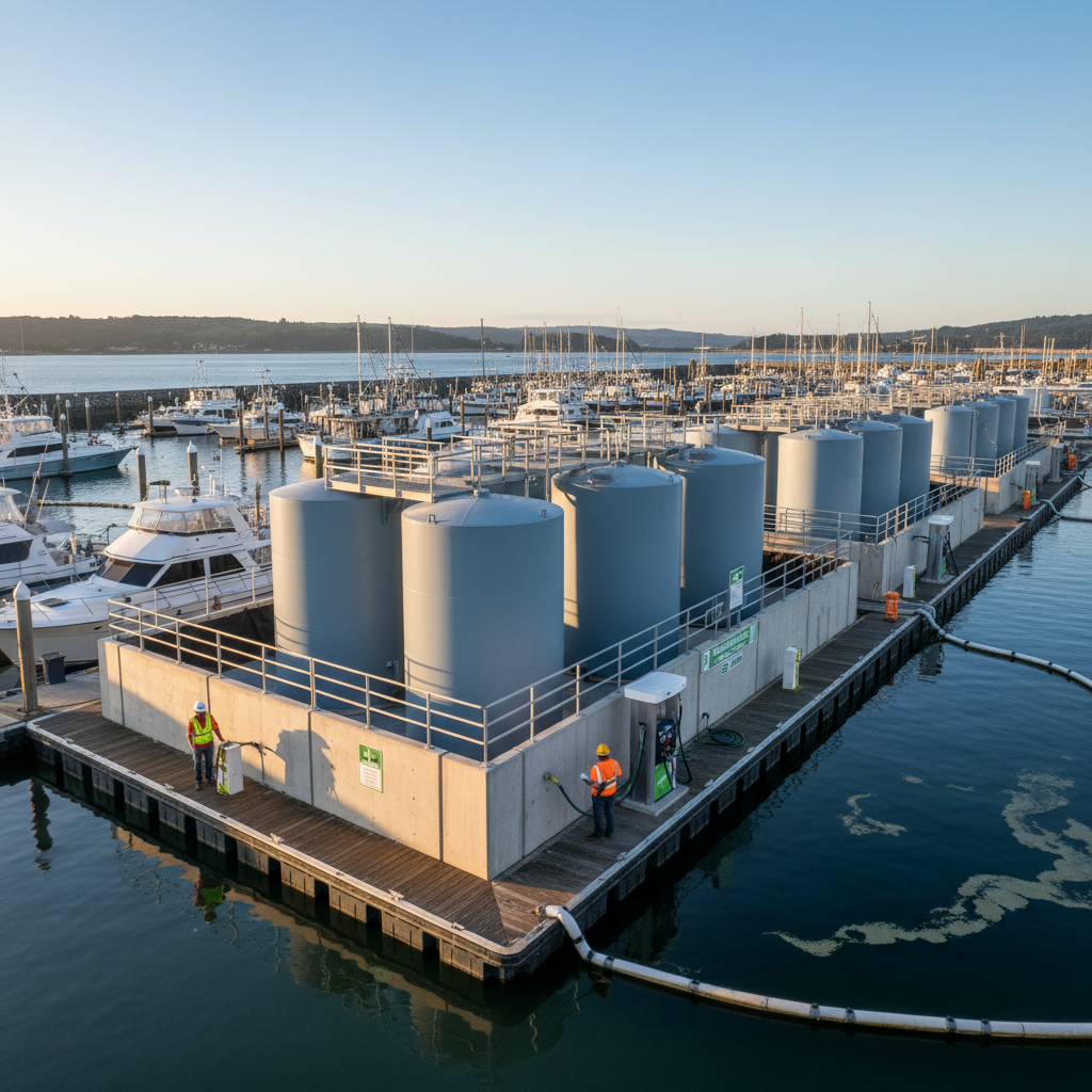Marina fuel dock with storage tanks and boats.