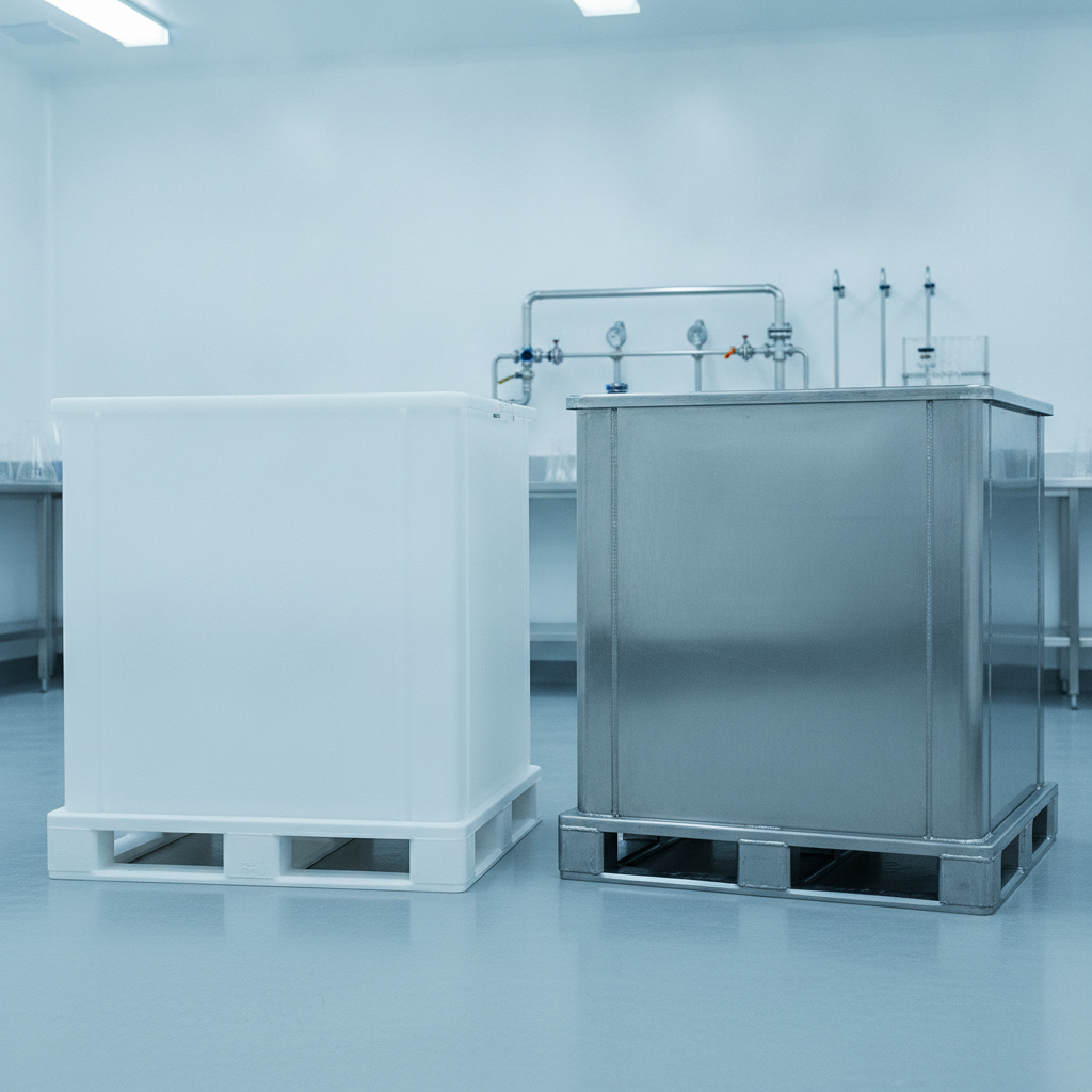Polyethylene and steel IBC pallets side by side for material comparison.