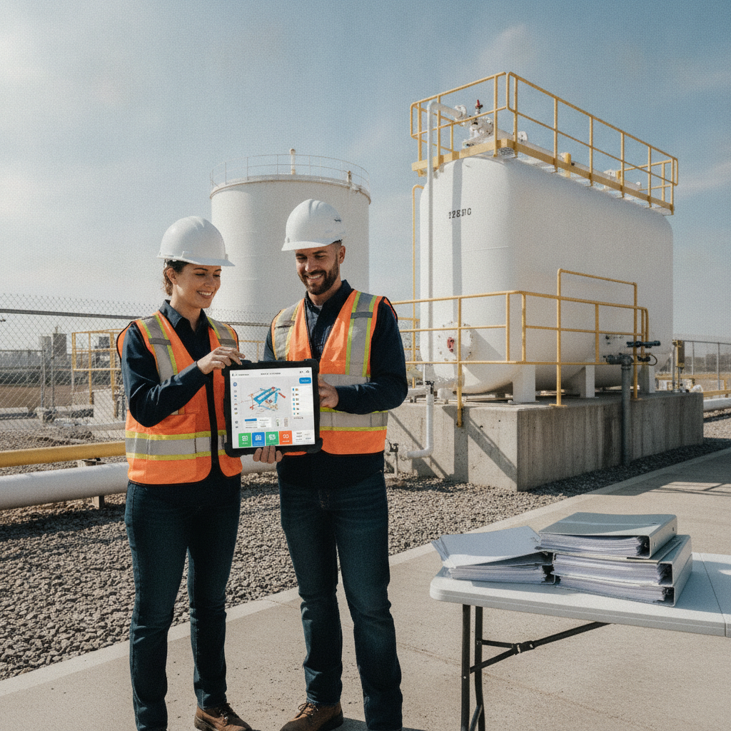 Field personnel using a tablet for SPCC inspections outdoors.