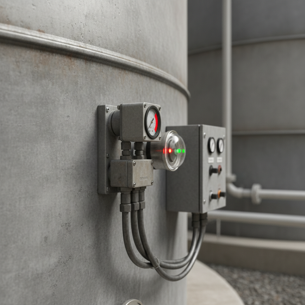 Monitoring equipment on double-wall tank for leak detection.