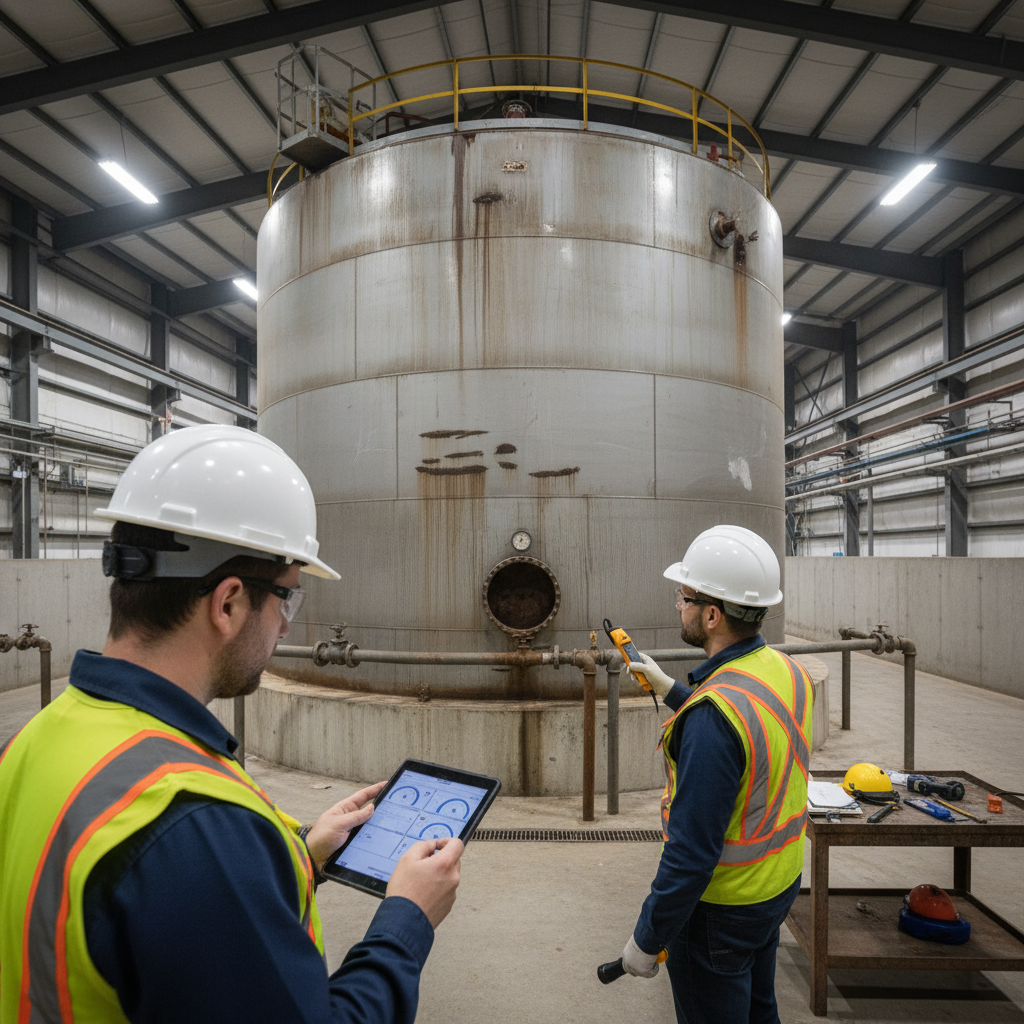 Personnel inspecting a storage tank for integrity issues, documenting findings.
