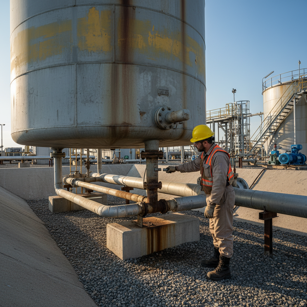 Worker inspects oil container for leaks and corrosion.