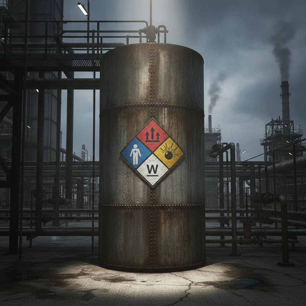Tank with NFPA 704 diamond placard showing fire and health ratings.