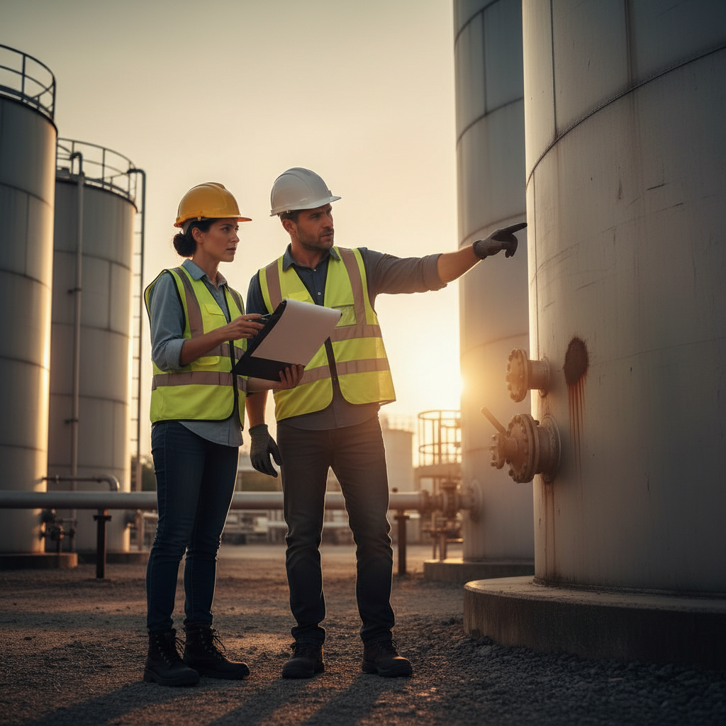Inspectors discussing compliance at a petroleum site.