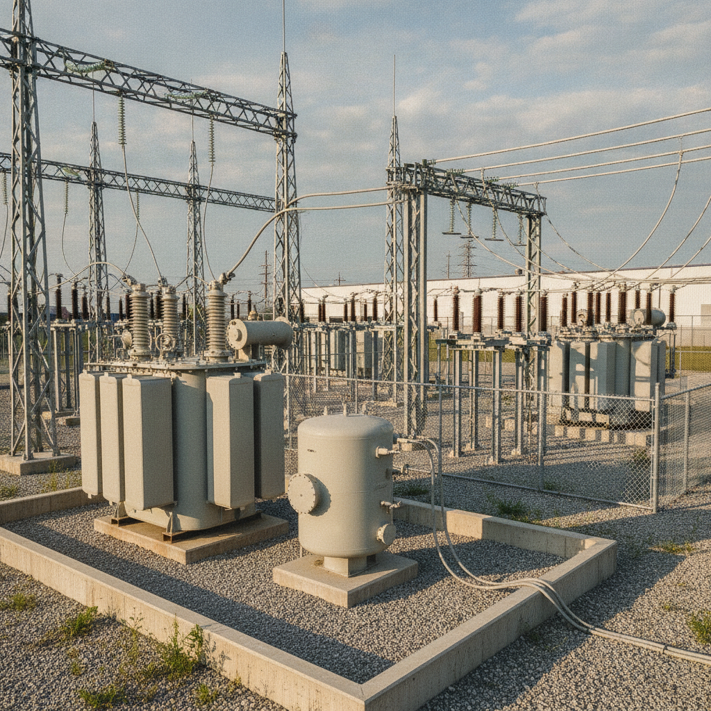Various transformers with oil volume labels in a substation.