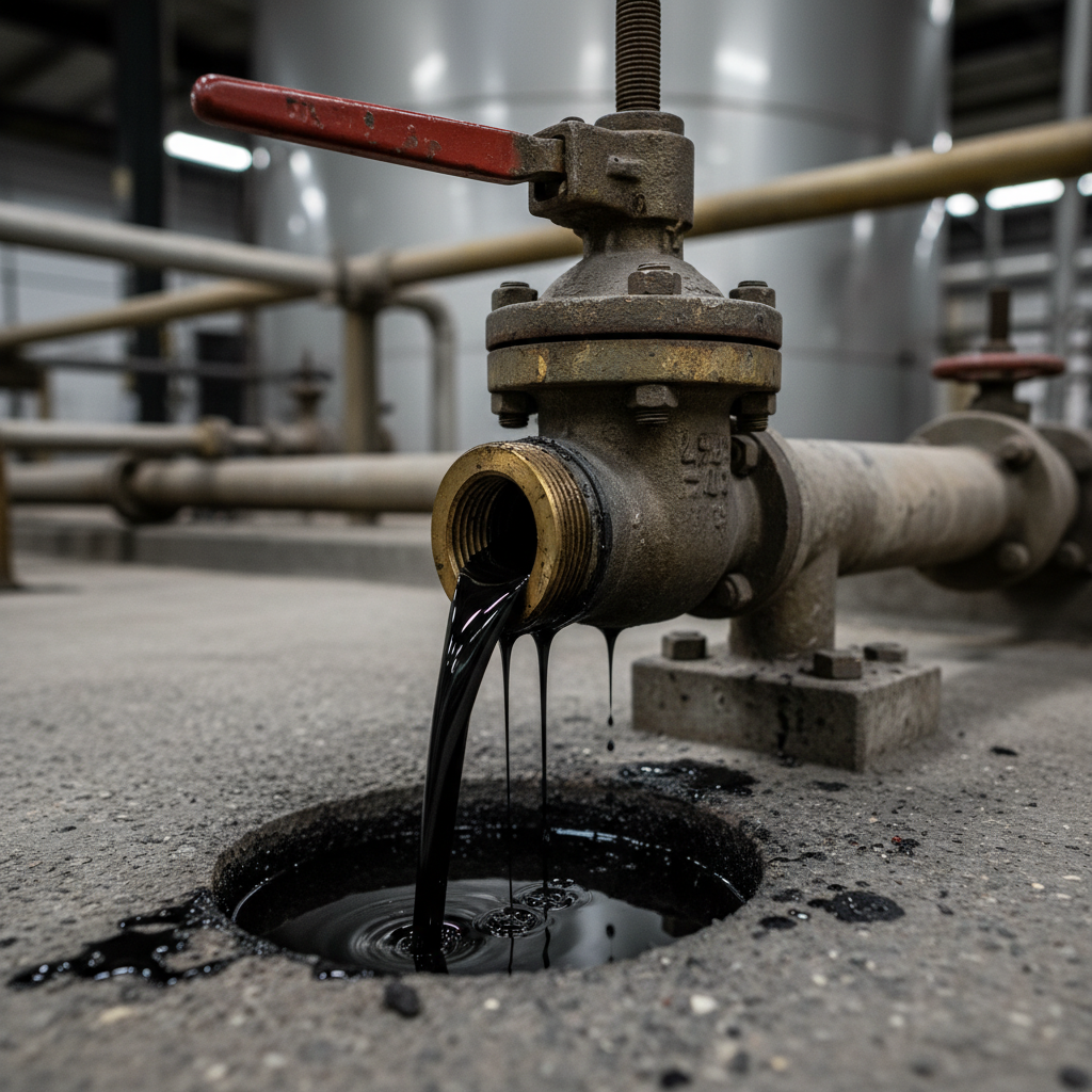 Open drain valve with oil escaping, detailed view.