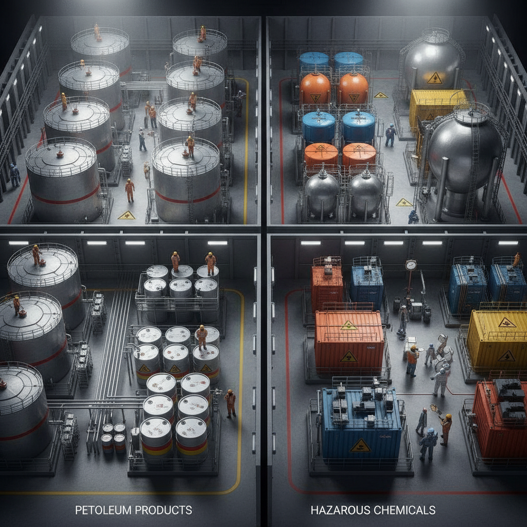 Facility layout with zones for petroleum and chemicals, workers calculating.