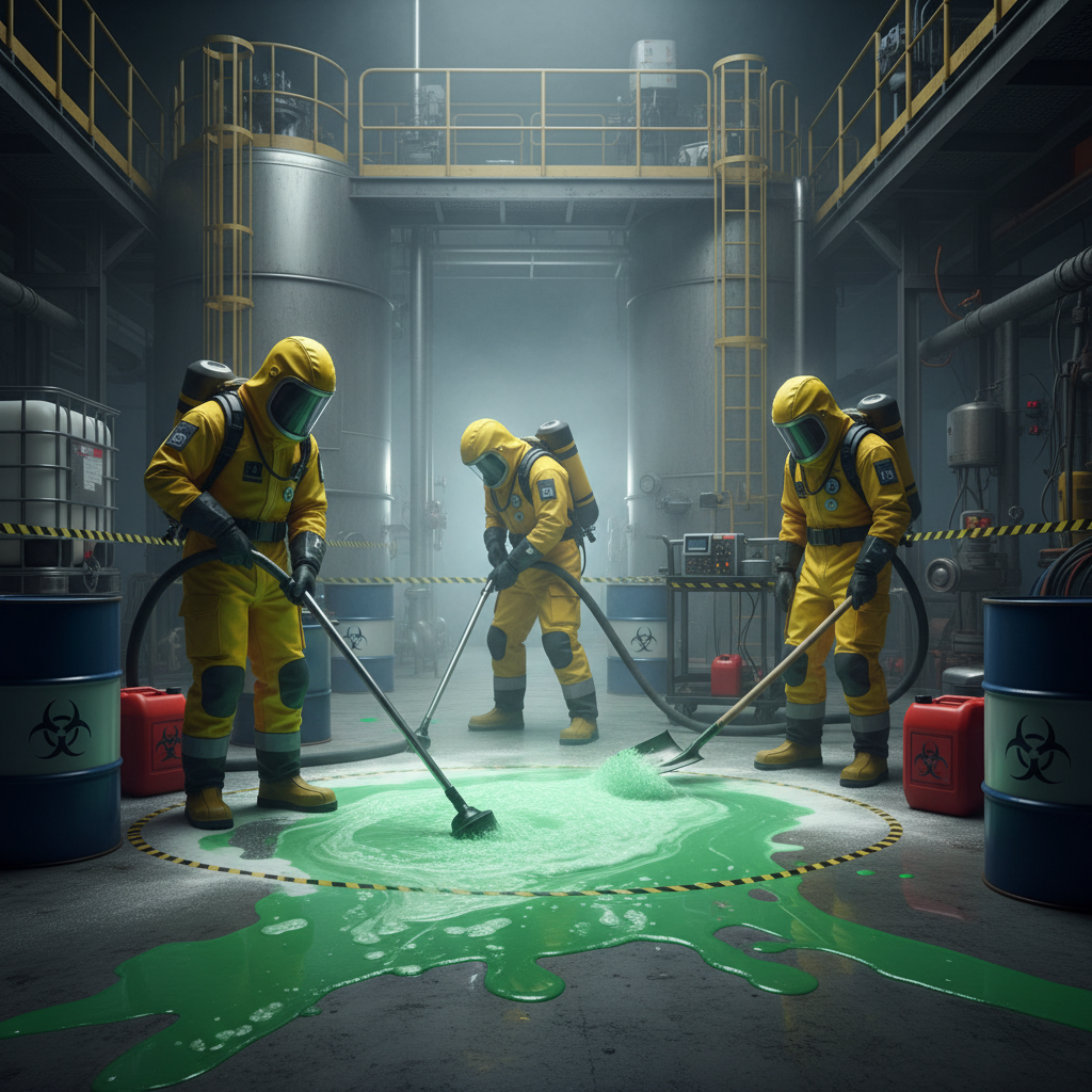 Workers in protective gear handling chemical spill in facility.