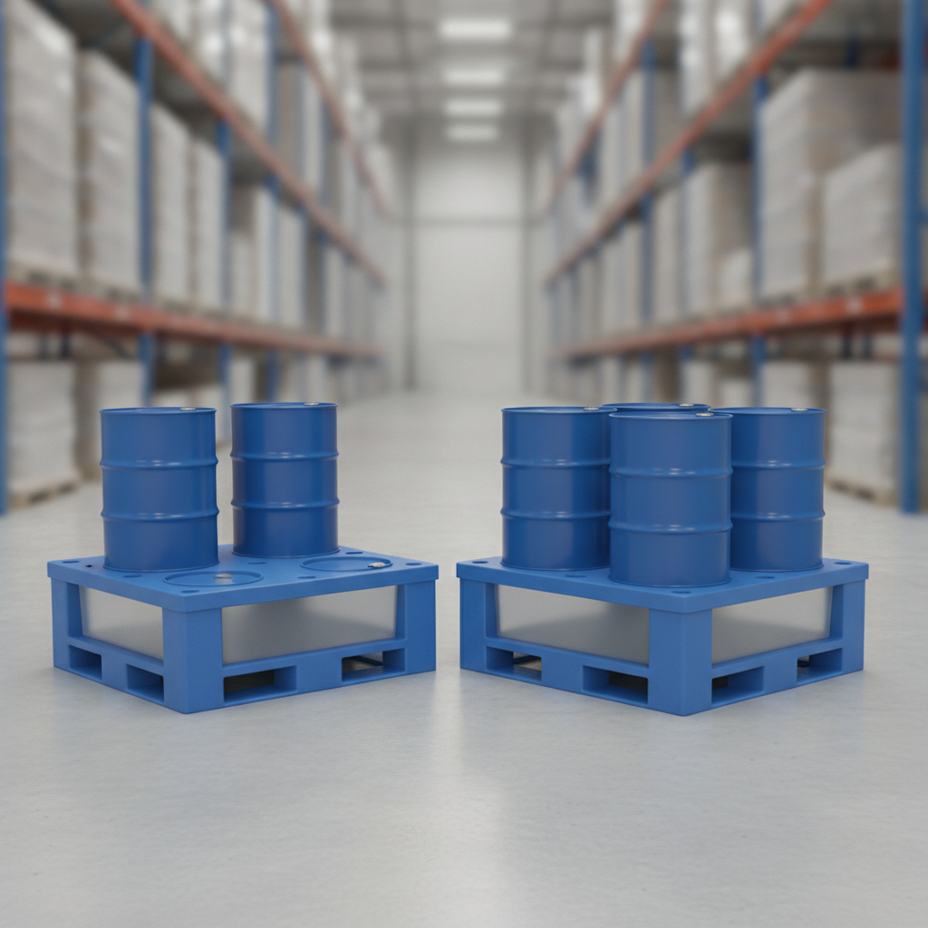 2-drum and 4-drum pallets in a warehouse side-by-side.