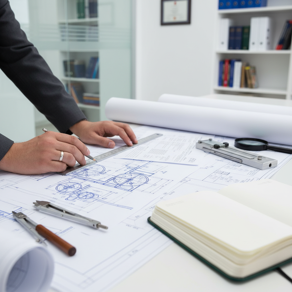 Engineer reviewing blueprints in an organized office.