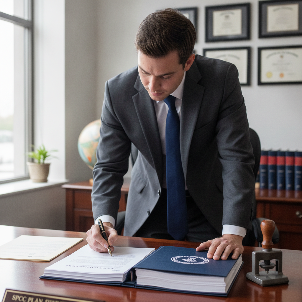 Engineer signing SPCC certification documents at a desk.