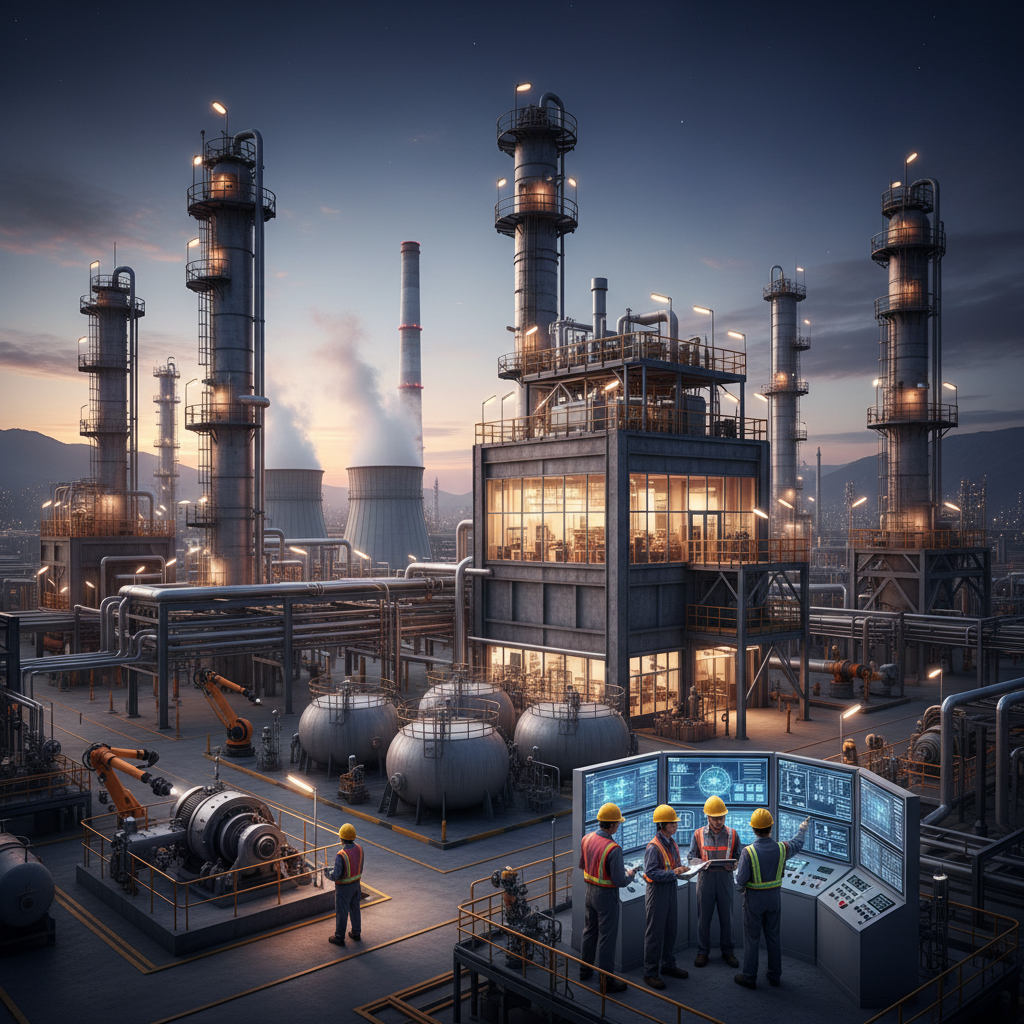 Complex industrial site with engineers inspecting under clear lighting.
