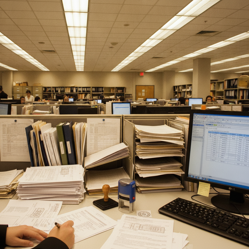 Office processing permits for storage tank installations, papers, and computer.
