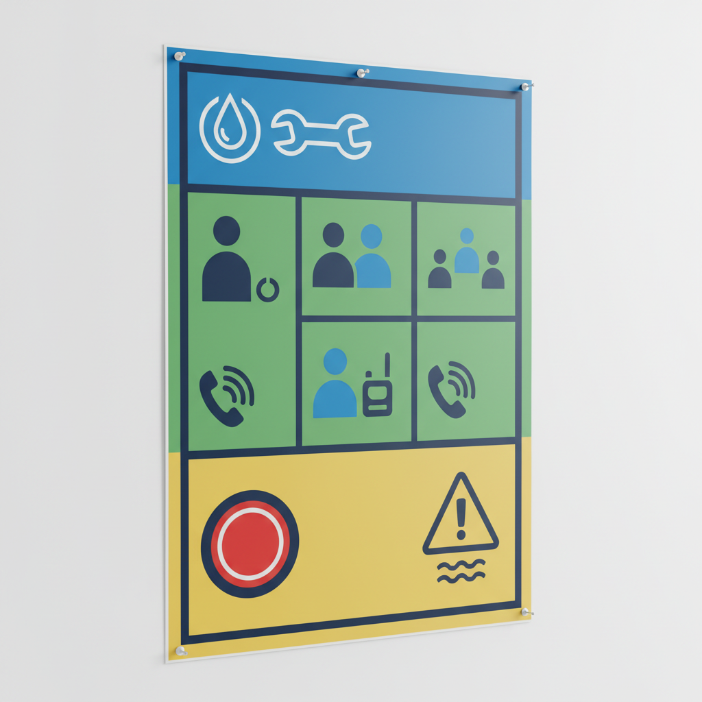 Wall chart with personnel responsibilities and contact details.