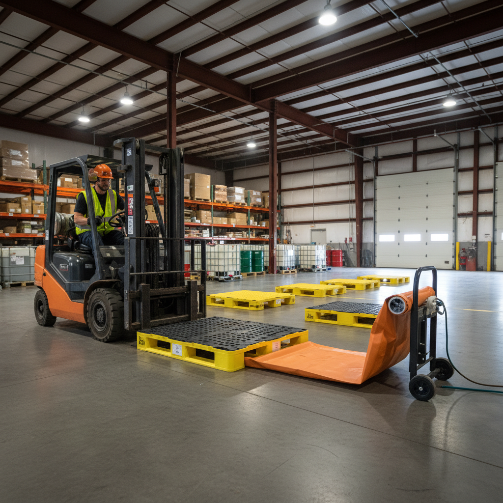 Warehouse forklift setting up a spill containment pallet efficiently.