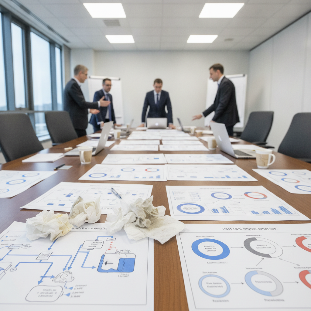 Post-spill documentation and planning improvements in conference room.