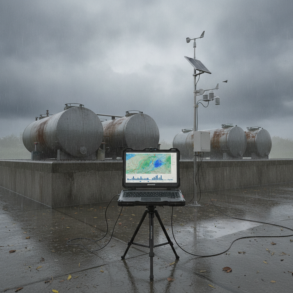 Containment area with tanks and a laptop displaying storm data.