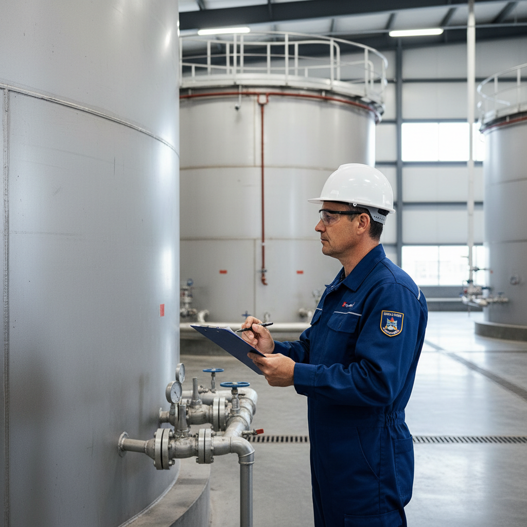 Worker inspecting oil storage tank with clipboard for inventory reporting.