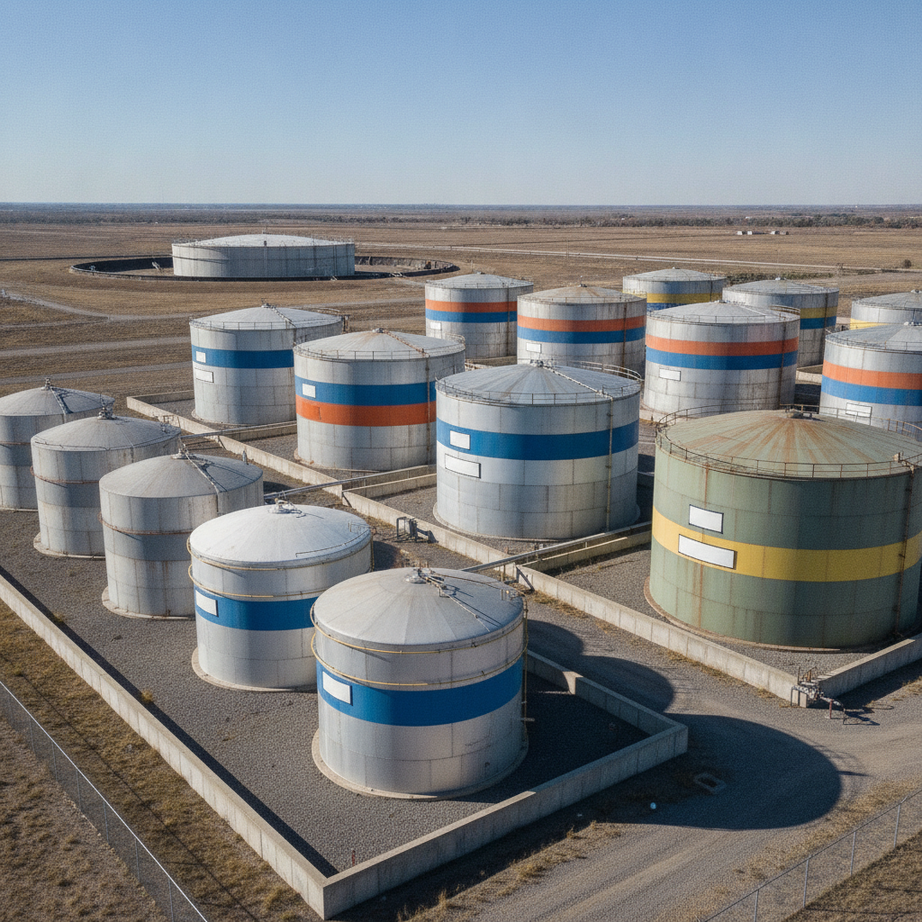 Aboveground oil storage tanks labeled with capacity figures.