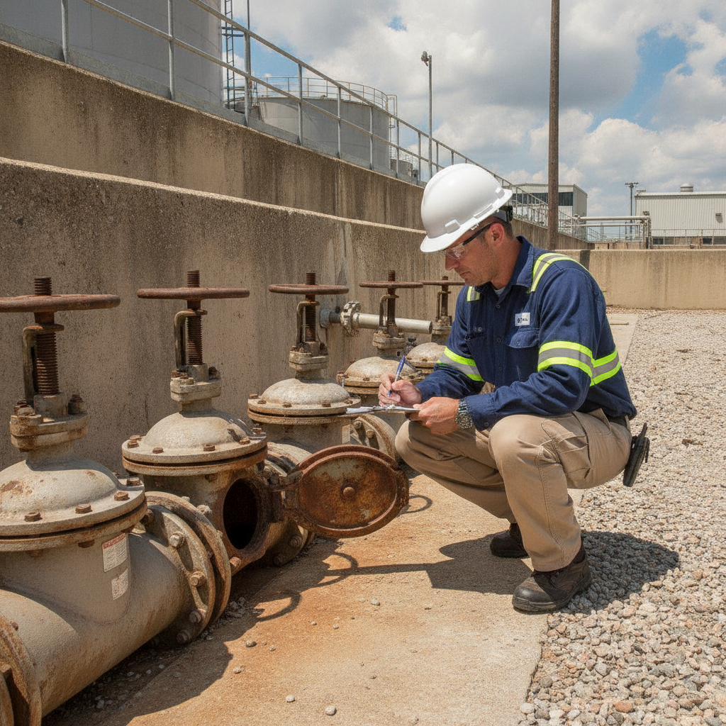 EPA inspector checking open containment drain valves.