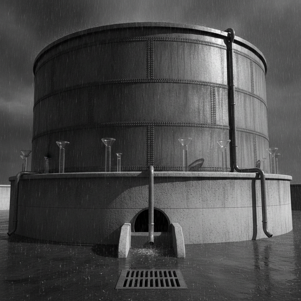Large tank with secondary containment wall and rainfall indicators.