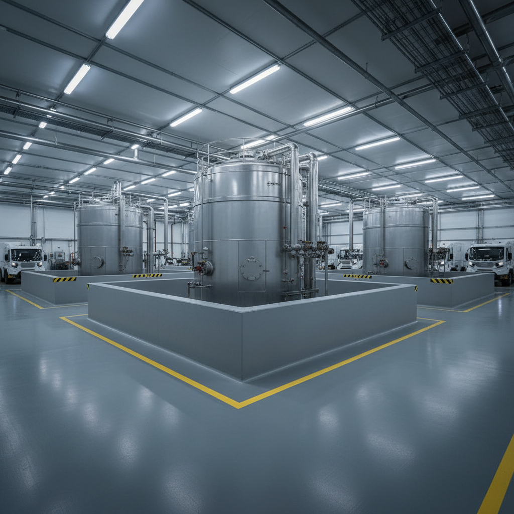Fleet facility with secondary containment barriers for diesel storage.