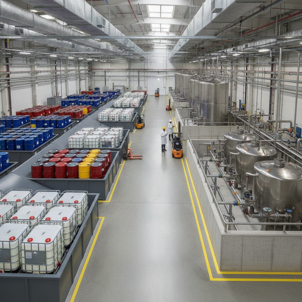 Storage area with organized drums, IBCs, and tanks for containment.