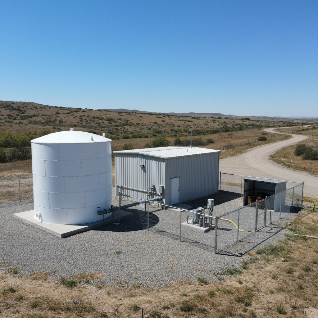 Small facility with one storage tank in daylight.