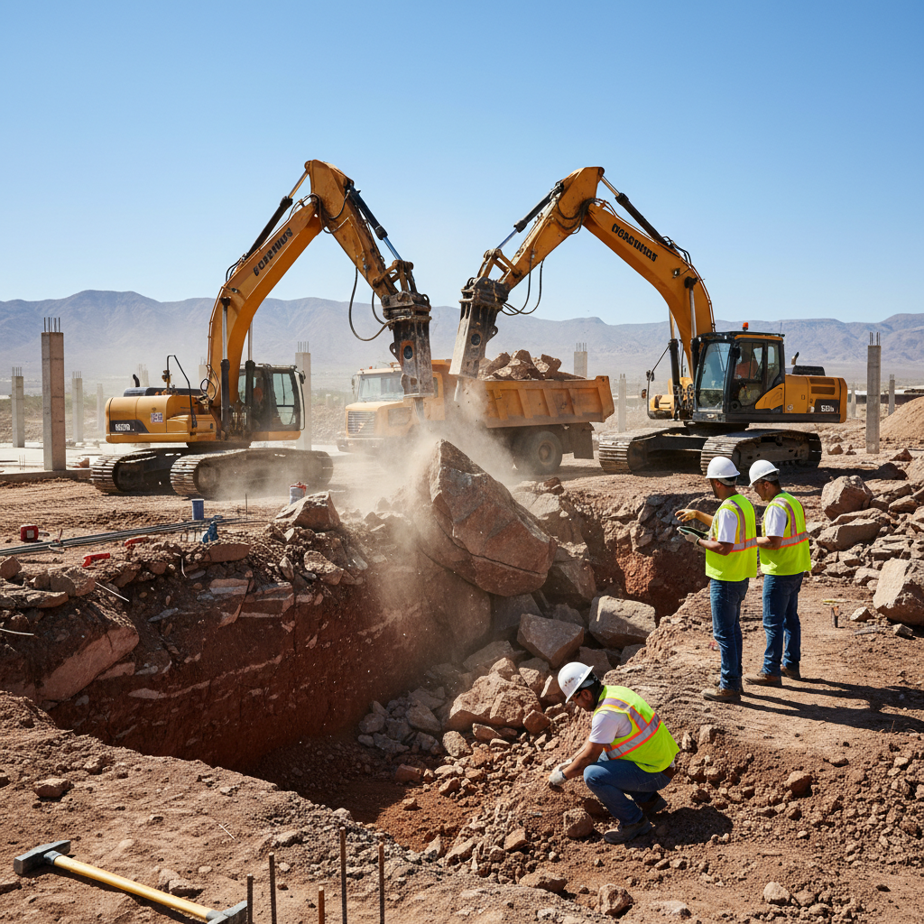 Crew excavating rocky soil, specialized equipment, midday site.