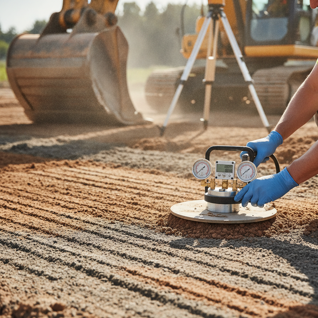 Worker testing soil with equipment at construction site.