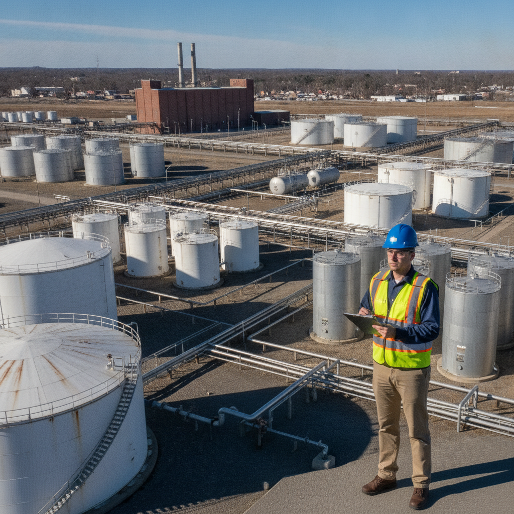 EPA inspector at industrial site with storage tanks.