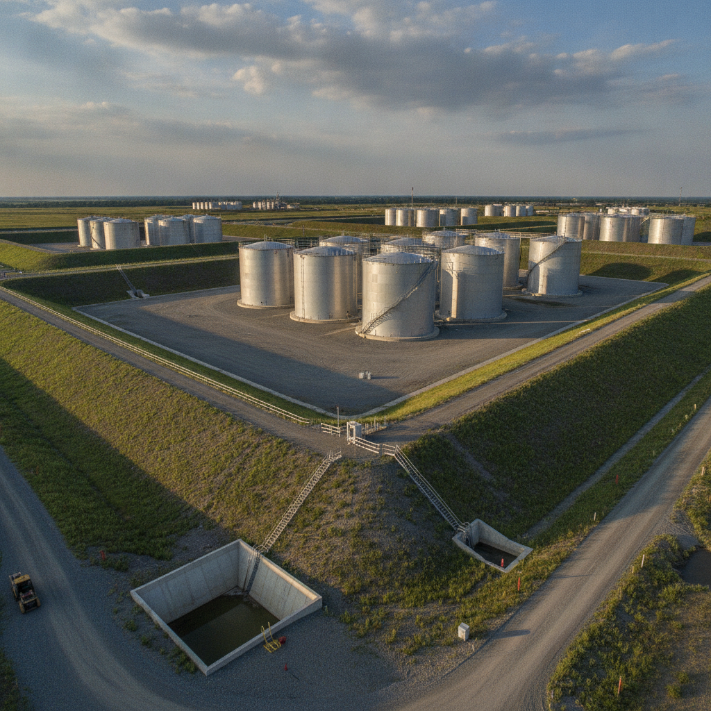 Large tank storage area with berms enclosing tanks for containment.