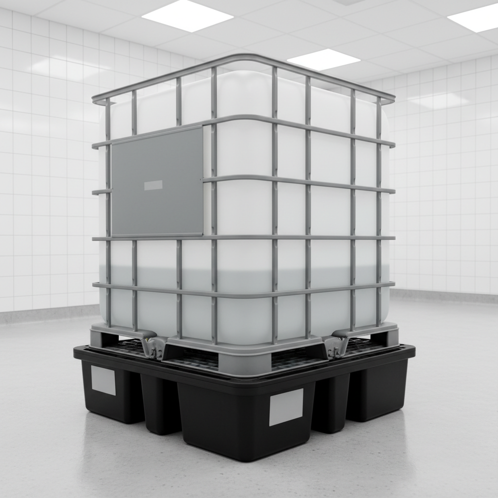 350-gallon IBC tote on pallet, showing sump capacity requirement.
