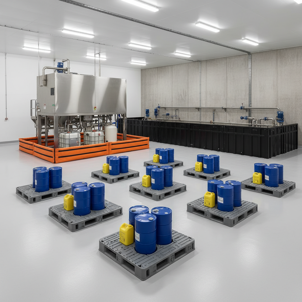 Industrial scene with pallets and berms, focusing on SPCC compliance.