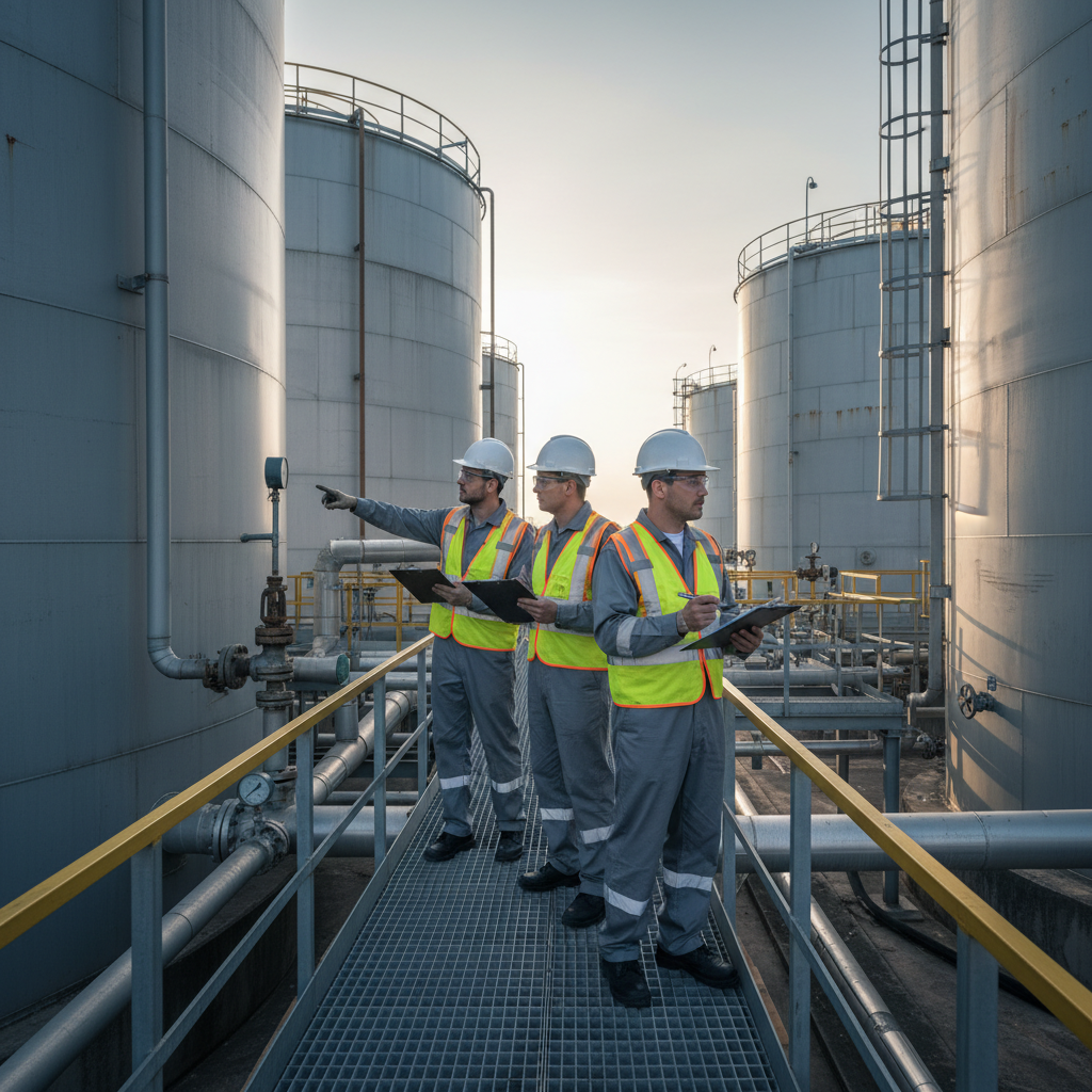 Inspectors checking storage tanks with clipboards.