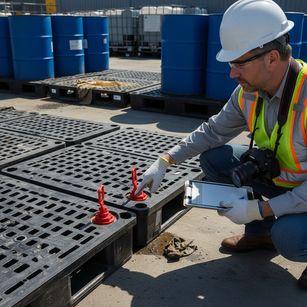 Inspector checks containment berms and spill pallets.