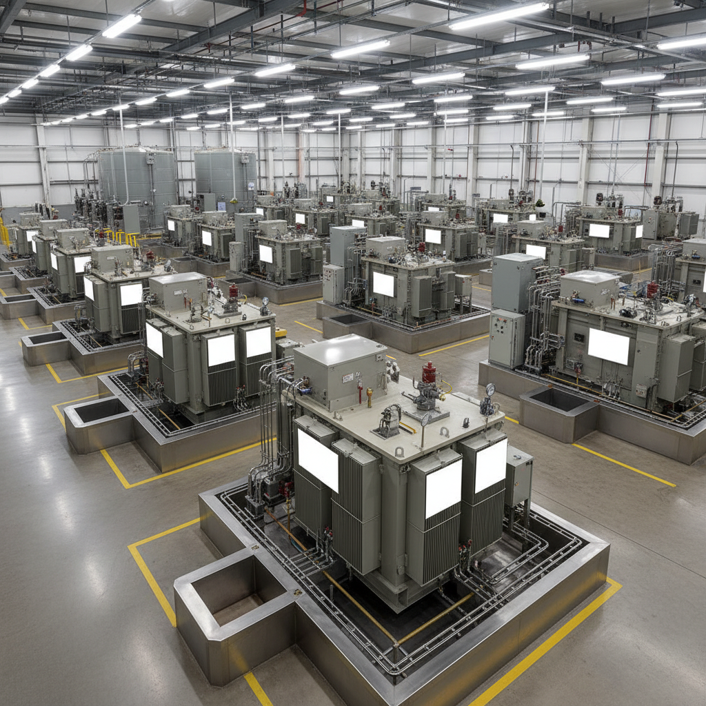 Generator and transformer units with oil capacity labels in bright lighting.