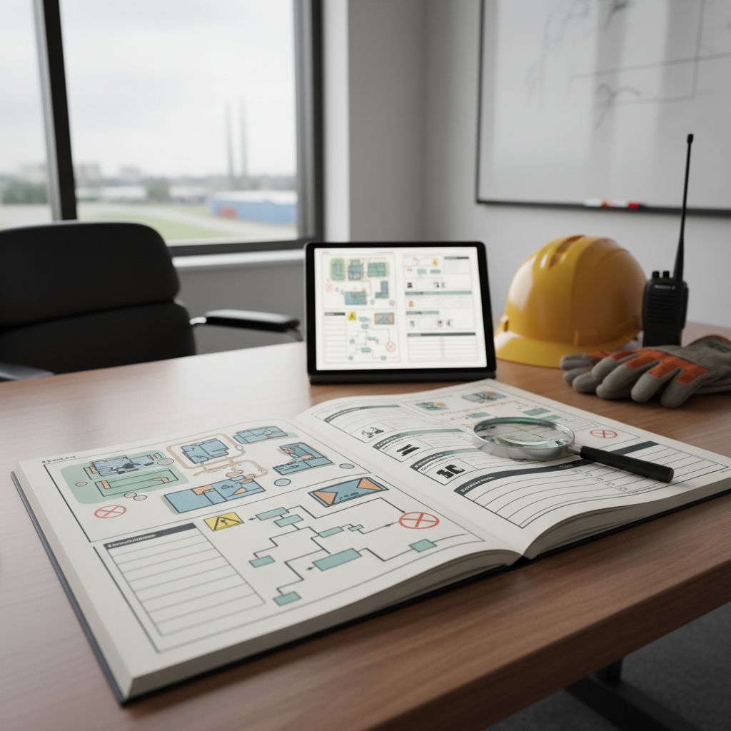 Spill response plan document open on desk in office.