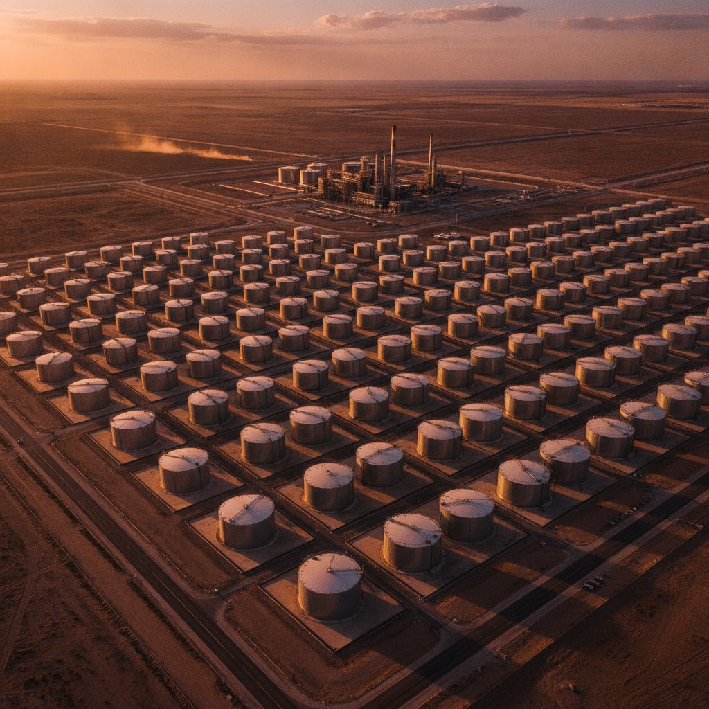 Aerial view of oil facility with storage tanks.