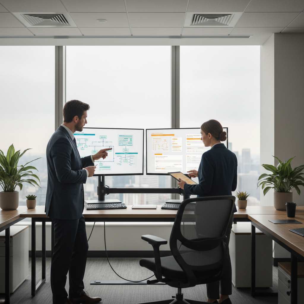 Office setting with SPCC and PBS compliance screens.