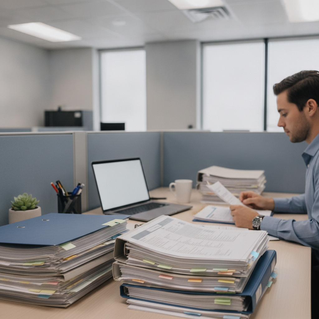 Officer reviewing SPCC inspection documents at a desk.
