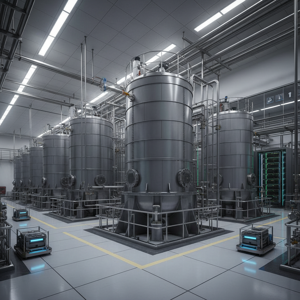 Data center with labeled oil storage tanks under neutral lighting.