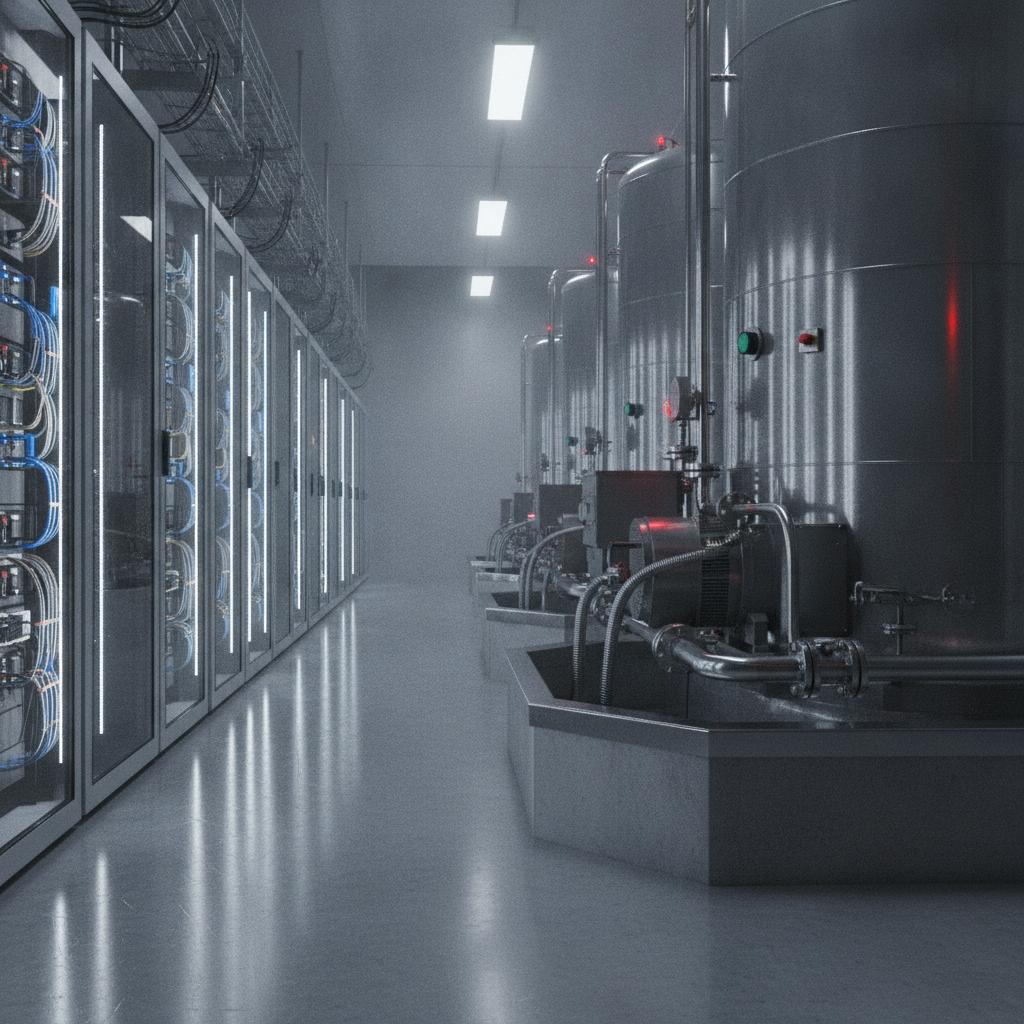 Data center with server racks and diesel generators.
