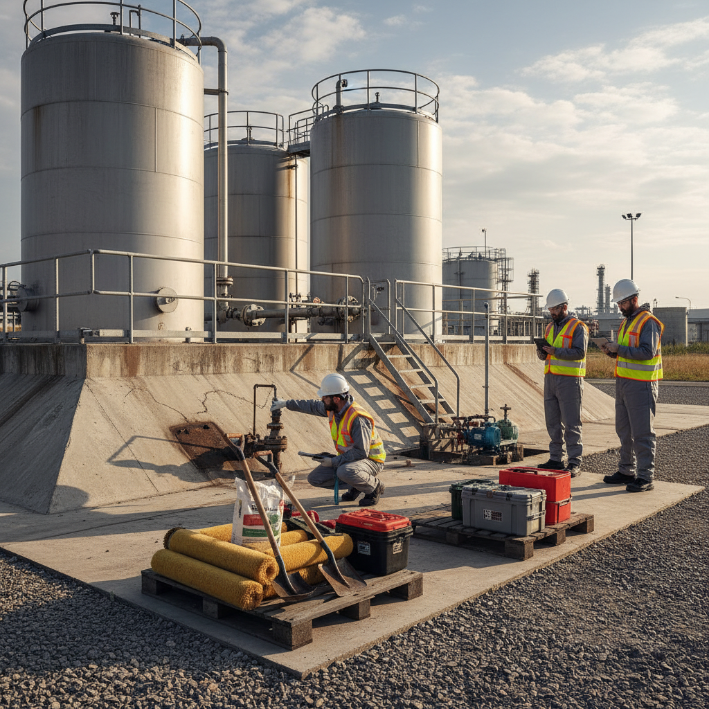 Inspectors at secondary containment site for petroleum tanks.