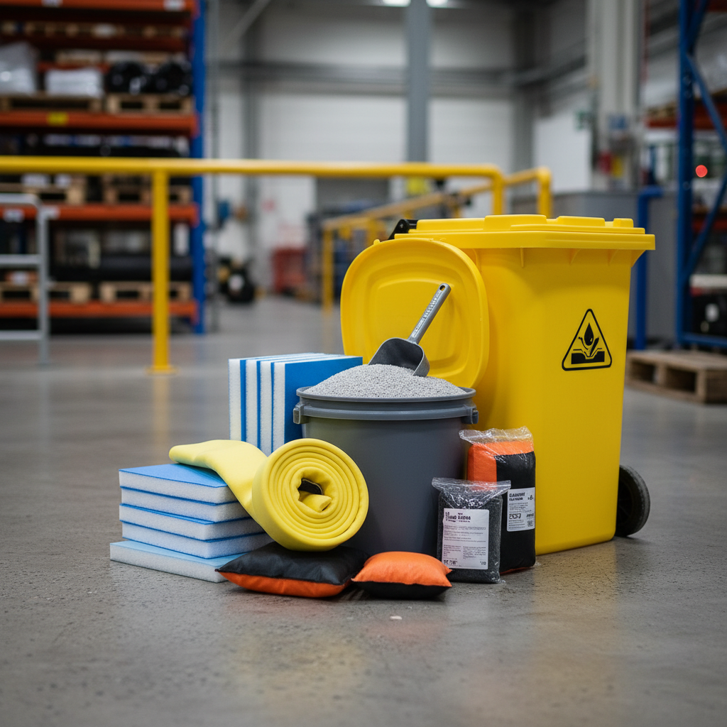 Close-up of a spill kit with absorbent materials on a concrete floor.