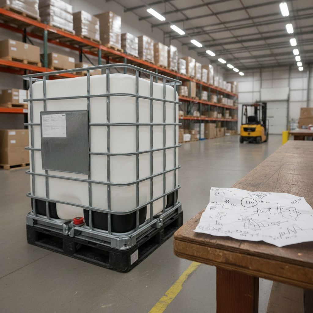 275-gallon IBC tote with SPCC compliance calculation sheet.