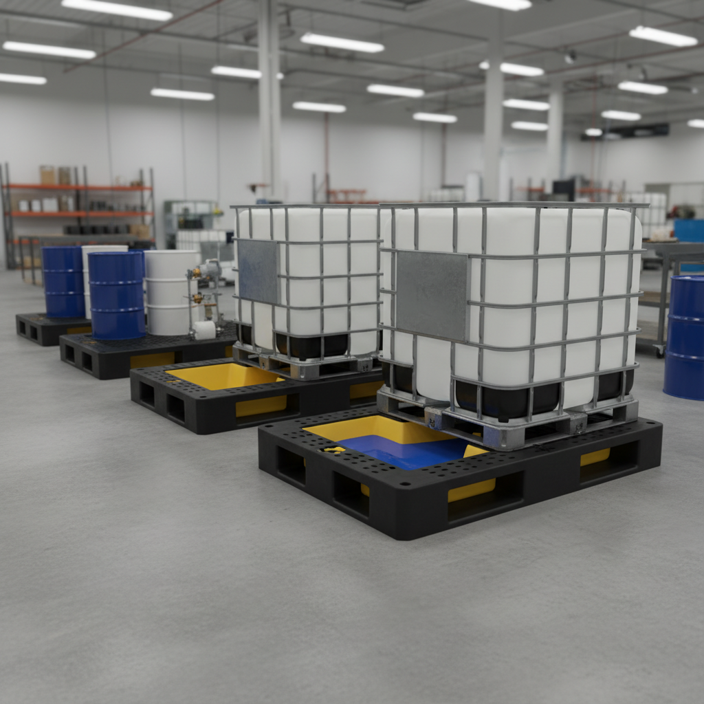Containment pallets with drums, showing sump for spill capture.